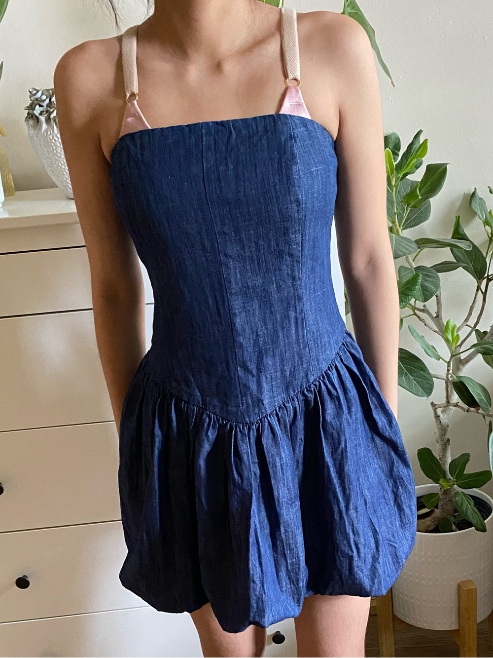 Urban Outfitters Blue Denim Strap Bubble Dress with Pink Straps